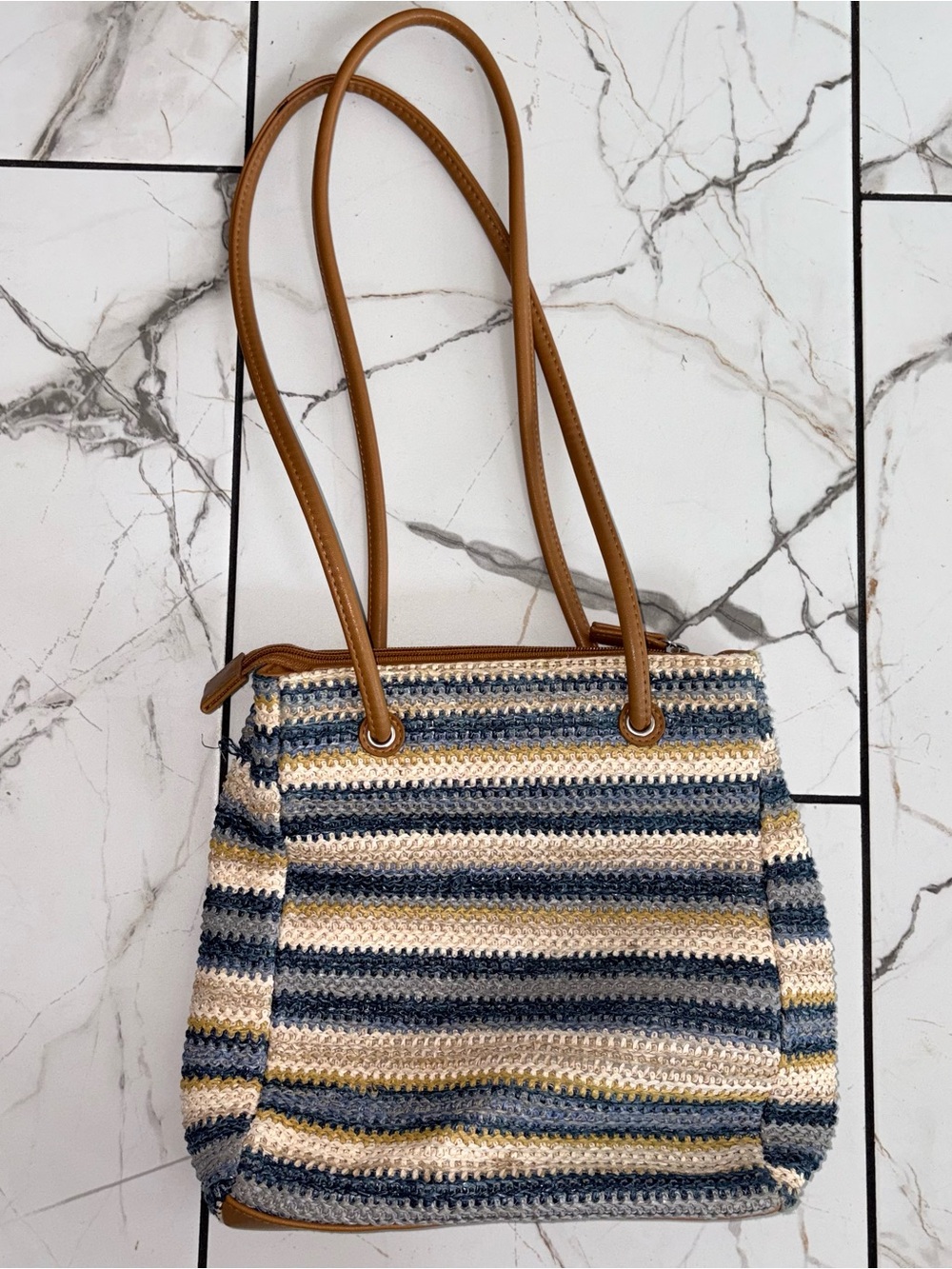 croft & barrow Blue, Cream & Tan Striped Crochet Shoulder Bag